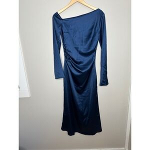 Bobbles & Lace Women's Navy Blue Satin Asymmetrical Neck‎ Ruched Midi Dress M